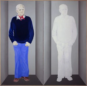 ritratto di Alberto Moravia cm 200 x 200 olio su tela dalla mostra Moravia Ulteriore di Domenico Colantoni 1982