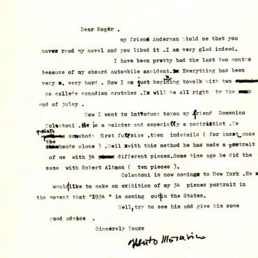 Lettera di Moravia a Roger Straus per presentare Colantoni