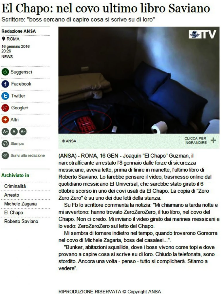ansa del 16 gennaio con la sensazionale notizia del libro di saviano trovato sul letto de el chapo