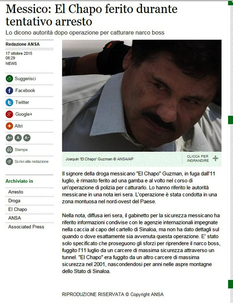 ansa dell'ottobre 2015 sul ferimento del narcotrafficante
