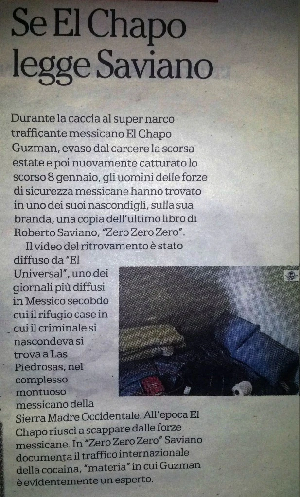 dettaglio del trafiletto dove viene data la notizia del ritrovamento di zero zero zero sul letto del boss