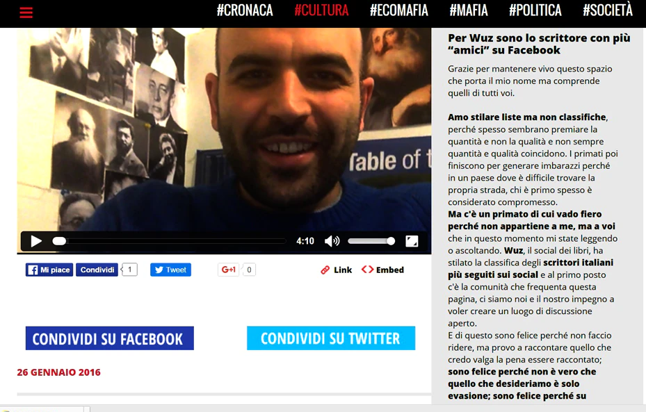screnshoot del sito saviano on line in cui si celebra la comunità dei follower