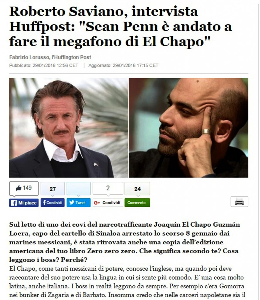 l'apertura dell'intervista su Huffpost in cui saviano parla della questione della lingua inglese e del el chapo