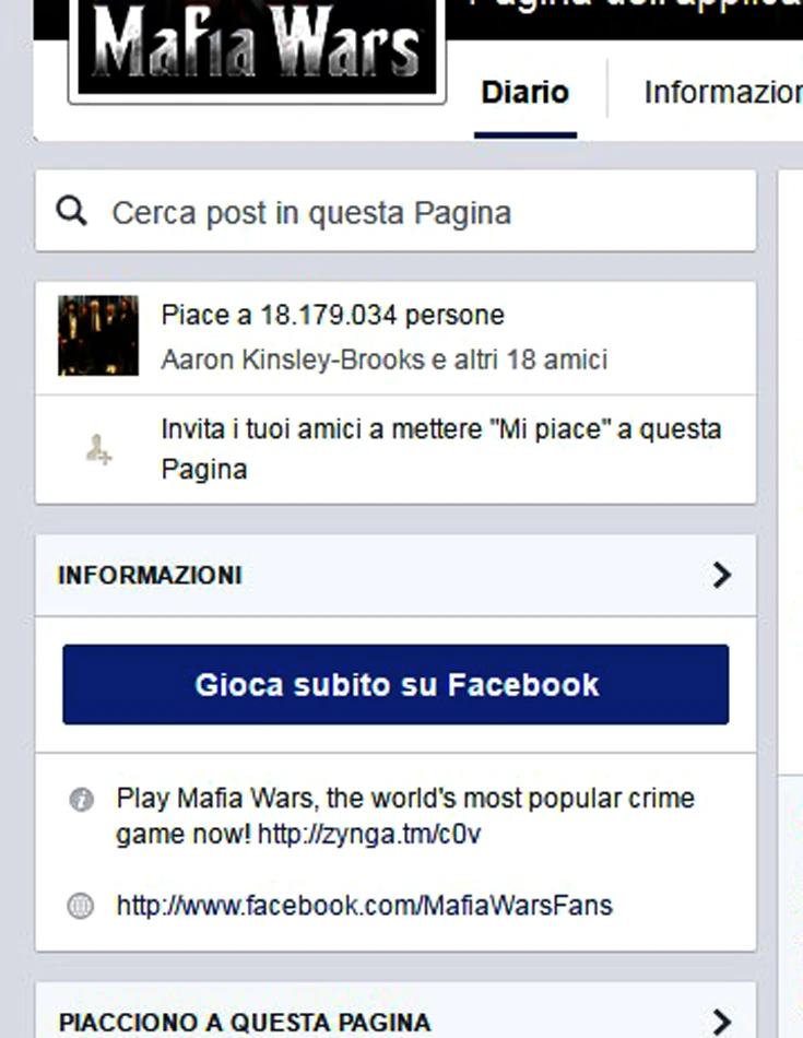 La pagina FB di Mafia War da oltre 18 milioni di seguaci (followers)
