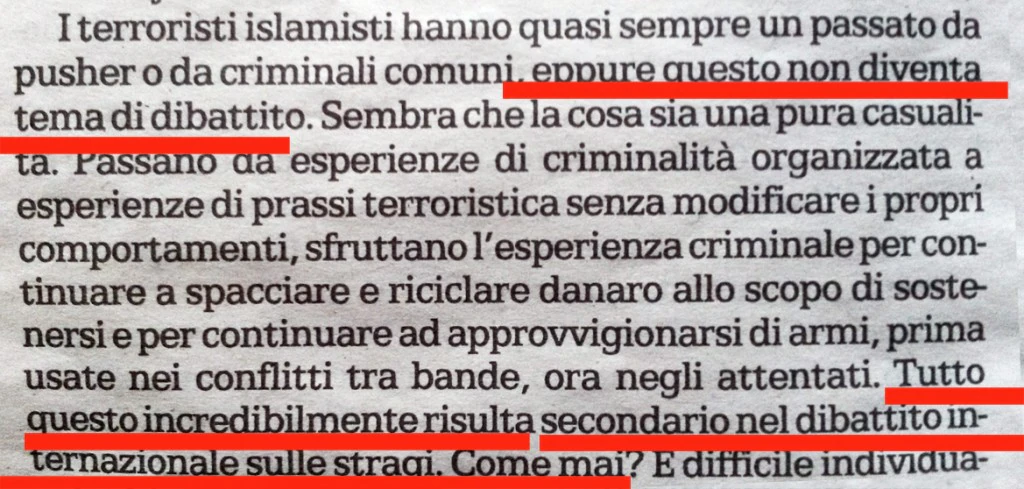 controllo del presente "i terroristi islamisti hanno tutti un passato da puscher o da criminali eppure questa cosa non diventa tema di dibattito - il passaggio del editoriale di saviano