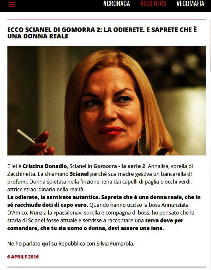 La odierete, la sentirete autentica. Saprete che è una donna reale, che in sé racchiude doti di capo vero. - dal sito Saviano Online