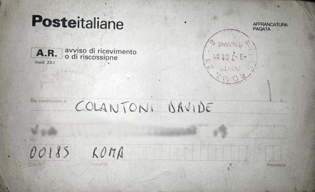 festival di storia - fronte ricevuta A/R lettera -testamento politico al Presidente della 