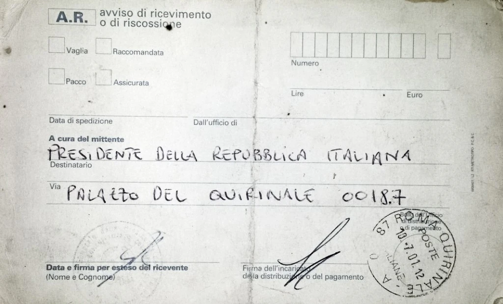 festival di storia ricevuta A/R lettera -testamento politico al Presidente della Repubblica 
