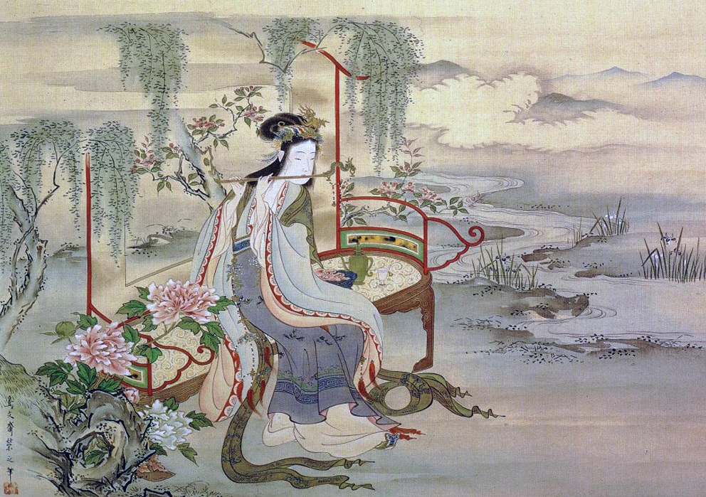 XIV sec arte giapponese. suonatrice di flauto