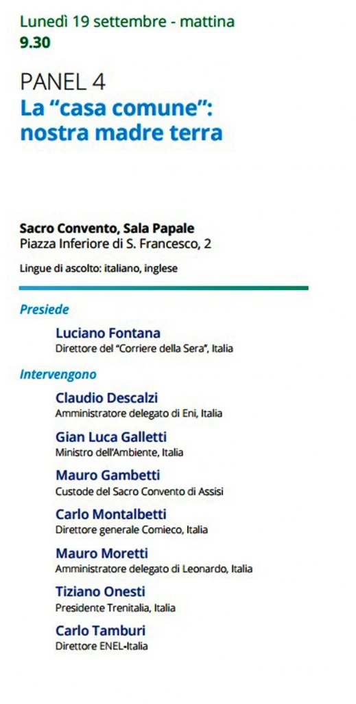 la pagina del programma per il 19 settembre allo spirito d'assisi tra i relatori l'AD di Leonardo Finmeccanica