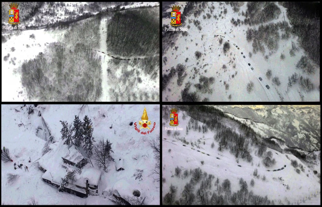 Tragedia Rigopiano: riprese da elicotteri polizia e pompieri dell'autocolonna bloccata dalla neve , dunque siamo nella mattina del 19 gennaio. Gli elicotteri potevano volare. a questo punto due CH 47 avrebbero potuto depositare trasporandoli con il gancio baricentrico mezzi pesanti escavatori.