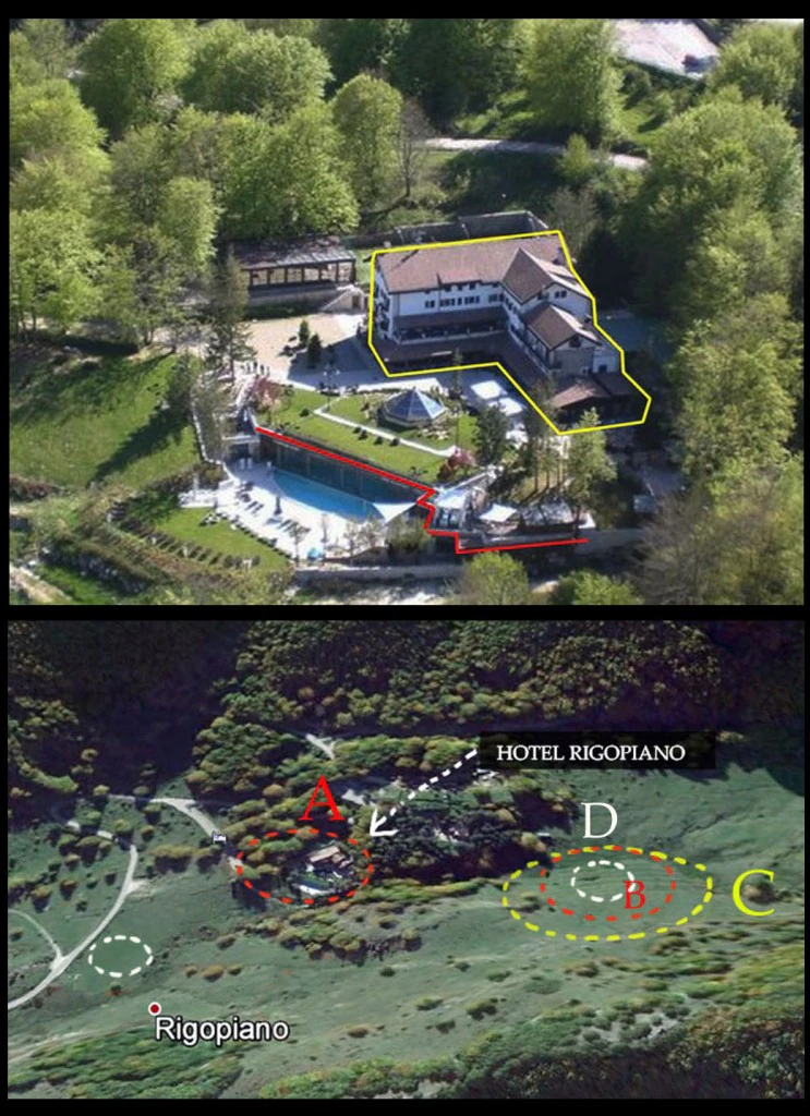 prendendo a riferimento la circonferenza A in rosso intorno all'Albergo che non può avere superficie minore di 300 metri quadrati, e che la circoferenza B in rosso dentro C in giallo è uguale ad A, ci rendiamo conto che la circonferenza C, in giallo, circoscrive una ampia radura di almeno 2000 metri quadri, senza pali di alta tensione ne alberi, e abbastanza lontana dal fianco della montagna, idonea dunque ad atterraggio anche di elicotteri pesanti come i CH47 o il HH 101 A adibiti a evacuazione medica e a soccorso o trasporto di squadre
