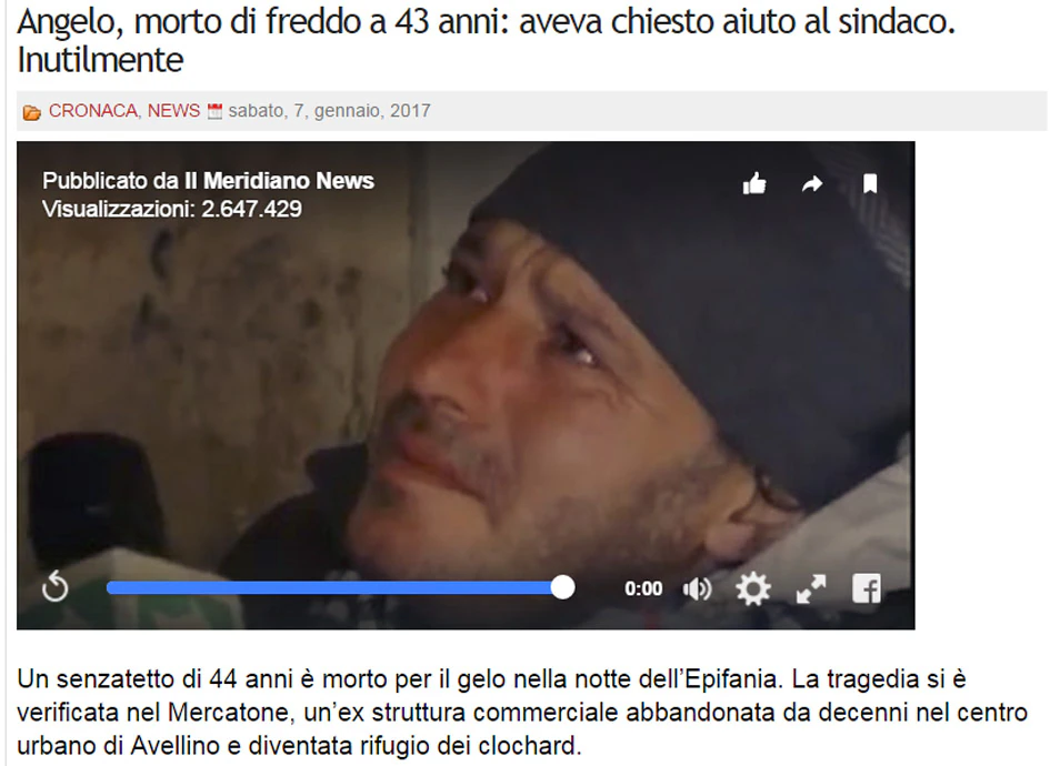 screenshot dal sito imola oggi del video della richiesta di aiuto di angelo morto poi assiderato
