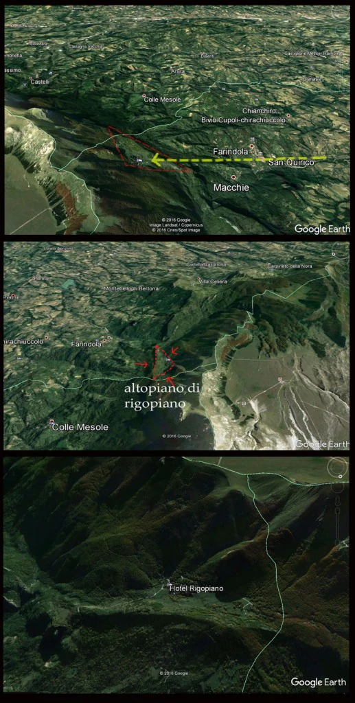 tre punti di vista satellitari dell'altopiano di Rigopiano che mostrano come esso si affacci su un paesaggio di colline