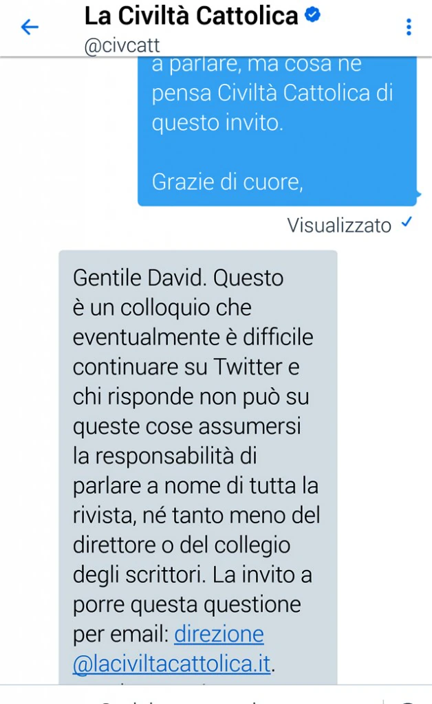 l'invito della Redazione di Civiltà Cattolica a porre direttamente la questione al direttore Padre Antonio Spadaro