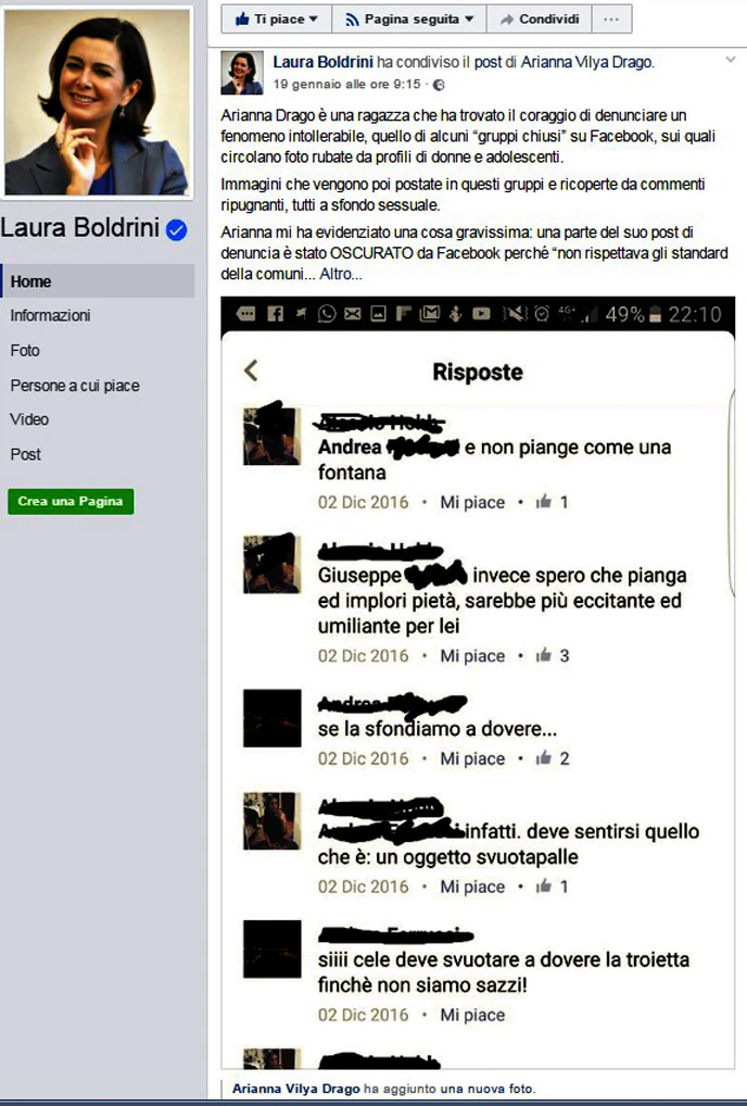 La pubblicazione da Parte del Presidente della Camera senza veti delle frasi oscene di un gruppo di facebook