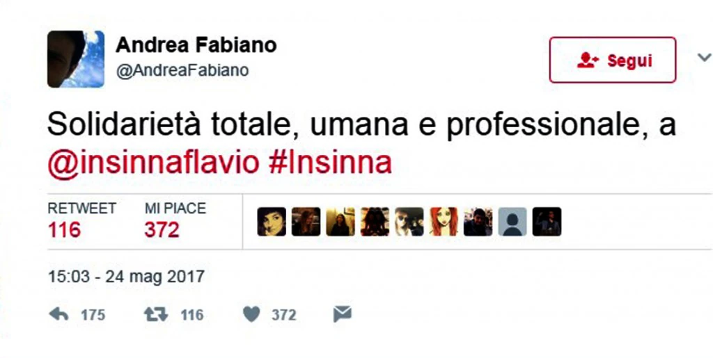 il Twitter di solidarietà assoluta ad Insinna da parte del direttore di rete Andrea Fabiano