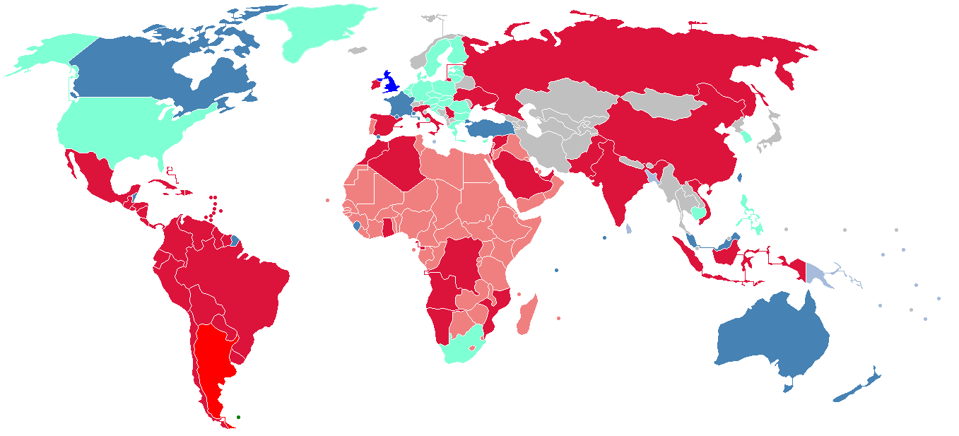 Posizione dei Paesi sulla disputa delle Malvinas negli anni 2010. Elaborazione di Gastón Cuello per Wikipedia.