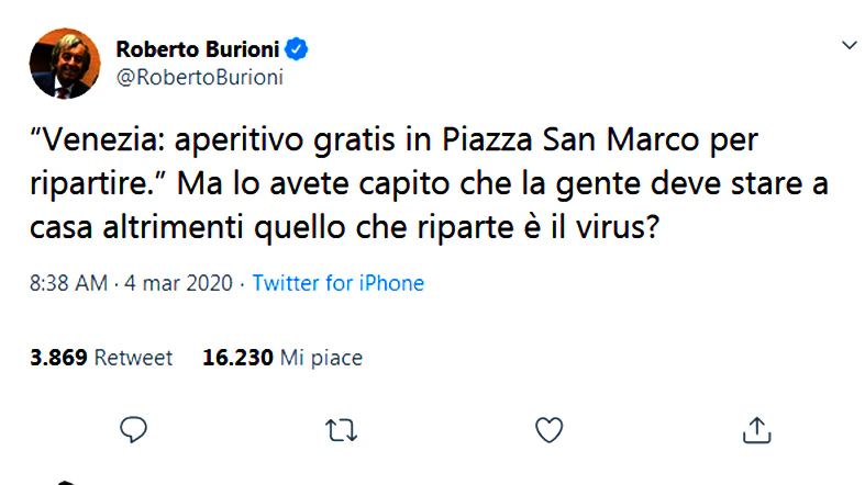 un twitter del virologo Burioni sulla movida