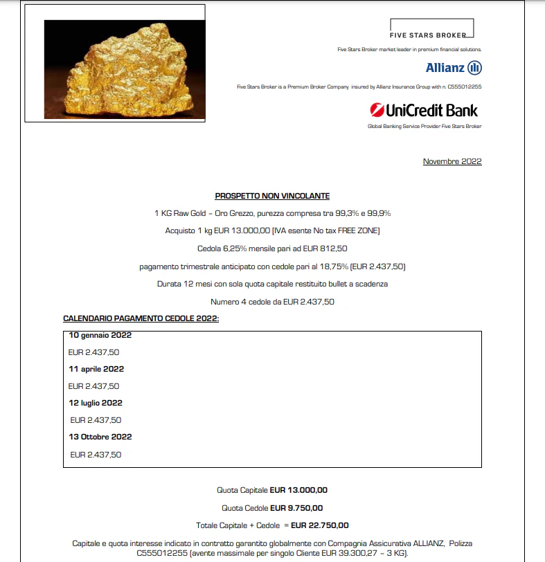 Matteo Saba propone investimenti in oro Grezzo con Five Star Brokers