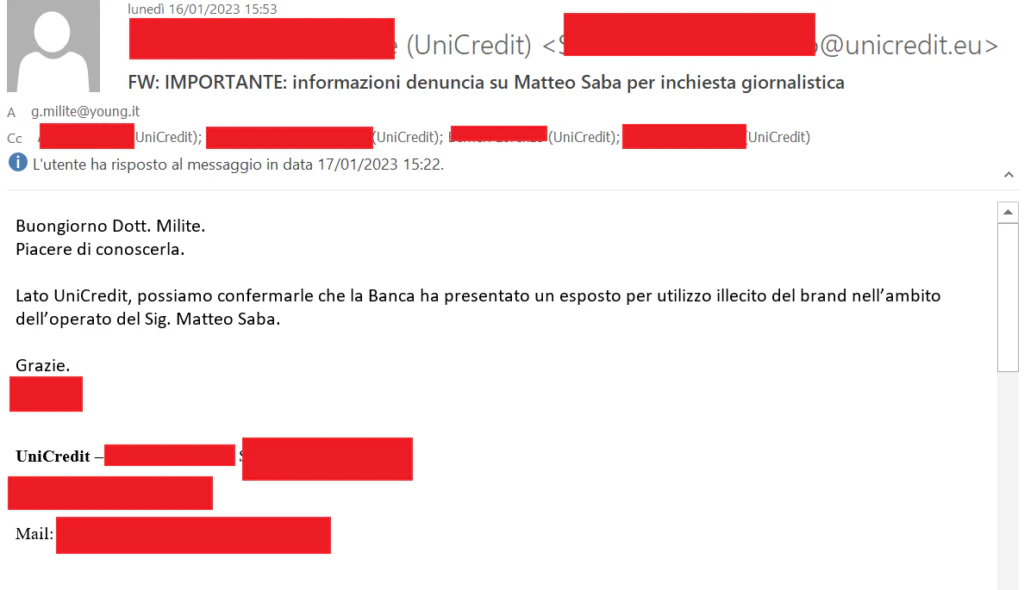 Unicredit esposto Five Star Brokers sro Matteo Saba
